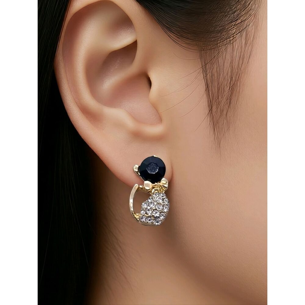 Black Cat Rhinestone Earrings Gold Bow Tie Jeweled Pierced Ears Stud Jewelry New